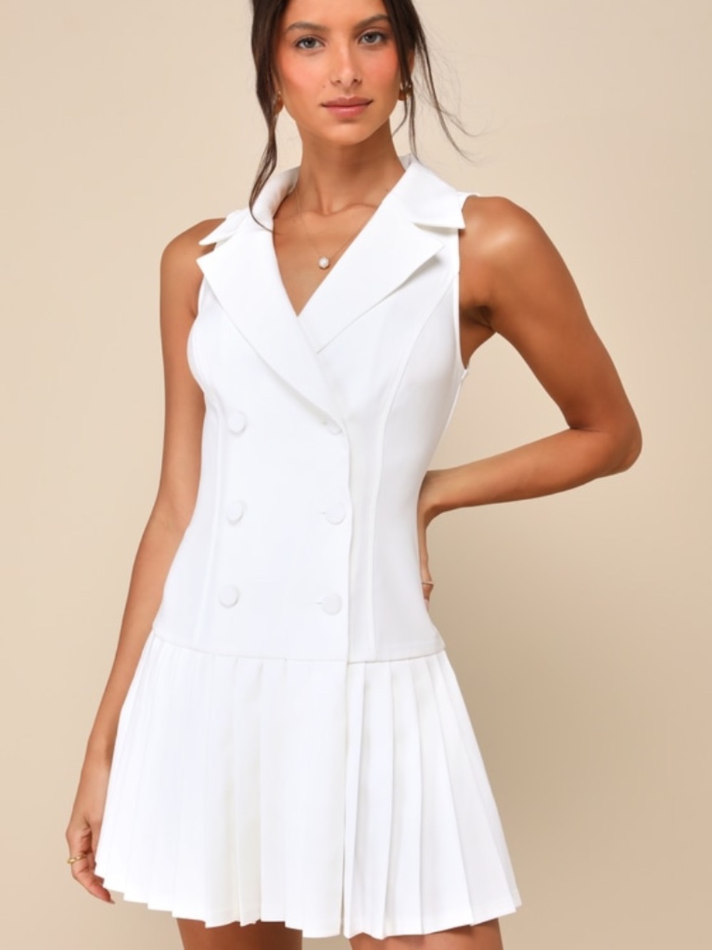 Lulus Posh Vision White Sleeveless Blazer Pleated Mini Dress - Size M